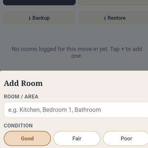 May include: A mobile application interface for a Move-In/Move-Out Inspection. The screen displays fields for Unit/Tenant, buttons for Move-In and Move-Out, and an Add Room modal with input fields for Room/Area, Condition, Photo, and Notes.