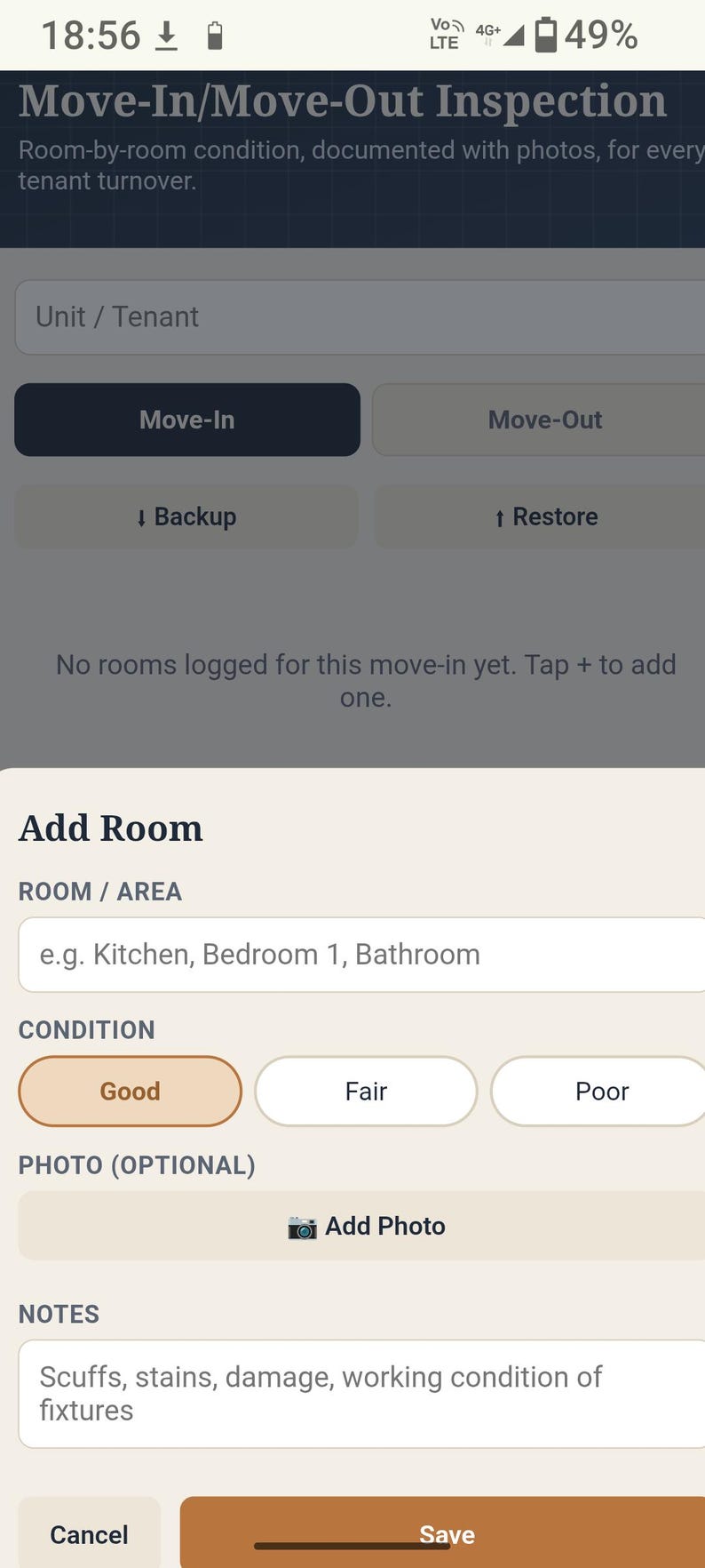 May include: A mobile application interface for a Move-In/Move-Out Inspection. The screen displays fields for Unit/Tenant, buttons for Move-In and Move-Out, and an Add Room modal with input fields for Room/Area, Condition, Photo, and Notes.