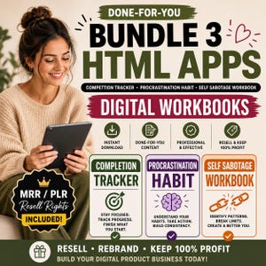 Könnte beinhalten: Digitales Arbeitsbuch-Bundle mit dem Text "BUNDLE 3 HTML APPS". Enthält einen Completion Tracker, eine Prokrastinationsgewohnheit und ein Selbstsabotage-Workbook. Enthält Sofort-Download und Wiederverkaufsrechte. Eine Frau hält ein Tablet.