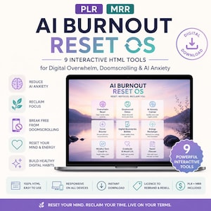 Könnte beinhalten: Ein digitales Produkt namens AI Burnout Reset OS mit 9 interaktiven HTML-Tools gegen digitale Überforderung. Das Display zeigt einen Laptop-Bildschirm mit einem Menü von Tools wie Overwhelm Reset, Doomscroll Detox und AI Anxiety Calmer.