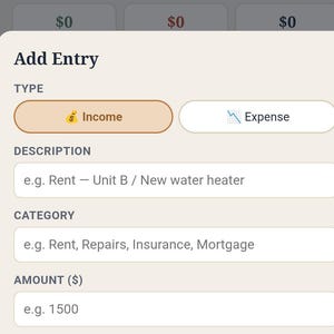 May include: A mobile application interface titled Annual Income & Expense Summary featuring an Add Entry form. The form includes fields for Type, Description, Category, Amount ($), Date, and Notes, with buttons for Cancel and Save at the bottom.