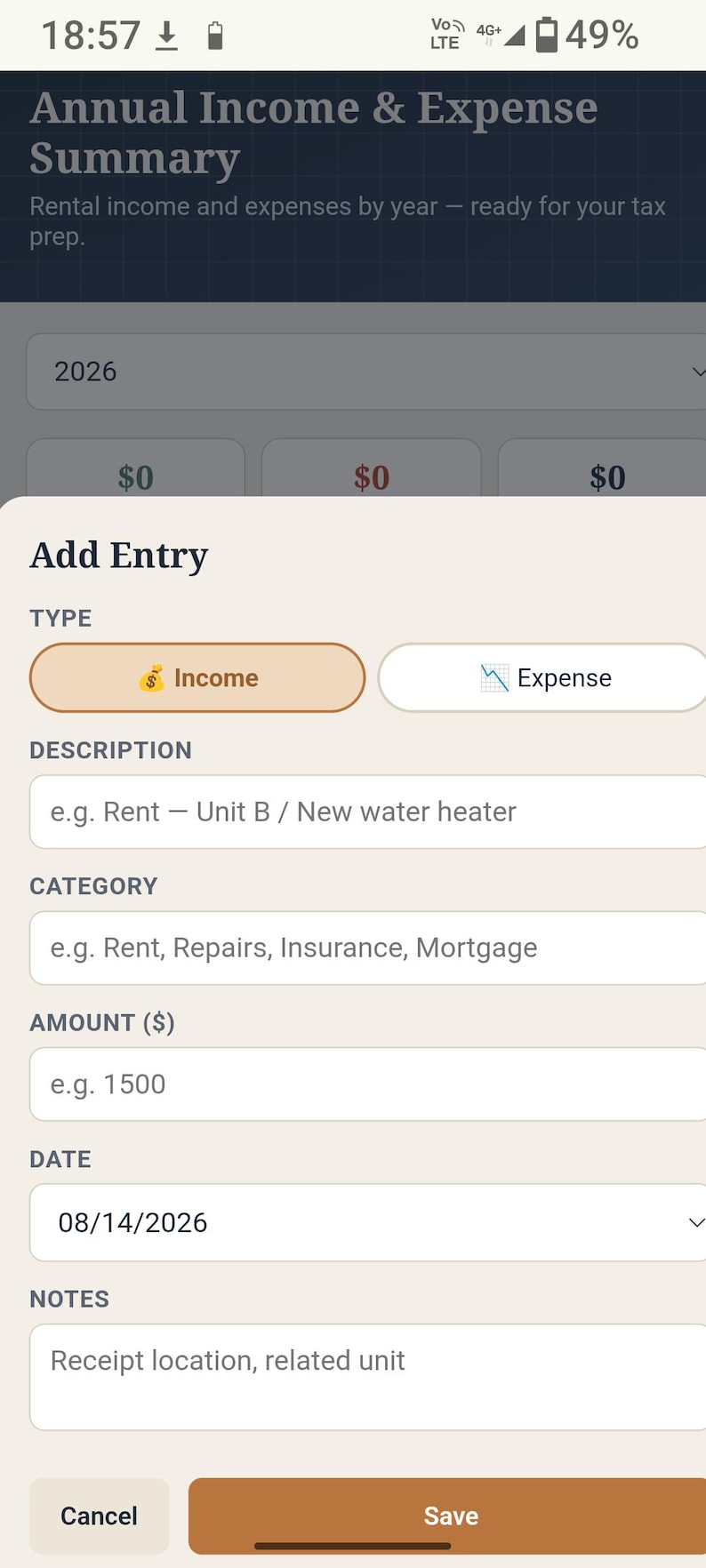 May include: A mobile application interface titled Annual Income & Expense Summary featuring an Add Entry form. The form includes fields for Type, Description, Category, Amount ($), Date, and Notes, with buttons for Cancel and Save at the bottom.
