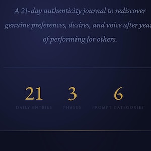 May include: A digital interface for a 21-day authenticity journal titled Life After the Mask. The dark blue screen displays the text: A 21-day authenticity journal to rediscover genuine preferences, desires, and voice. It lists 21 daily entries, 3 phases, and 6 prompt categories.
