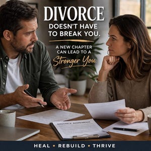 May include: A couple sits at a wooden table, reviewing documents. The text "DIVORCE DOESN'T HAVE TO BREAK YOU" is displayed above them. The words "A NEW CHAPTER CAN LEAD TO A Stronger You" are also visible. The bottom of the image reads "HEAL • REBUILD • THRIVE."