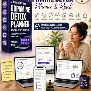 May include: A digital Dopamine Detox Planner bundle featuring 7 modules, a 30-day reset system, and offline apps. The set includes trackers for focus, income, and habits, displayed on laptops and a smartphone, with text detailing lifetime access.