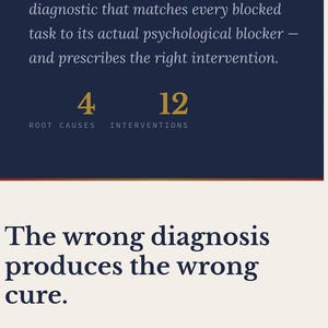 May include: A digital interface displaying the text Procrastination Decoded, Tool 01 of 03 - The Self-Sabotage Dismantler. It features 4 root causes and 12 interventions, followed by the text The wrong diagnosis produces the wrong cure.