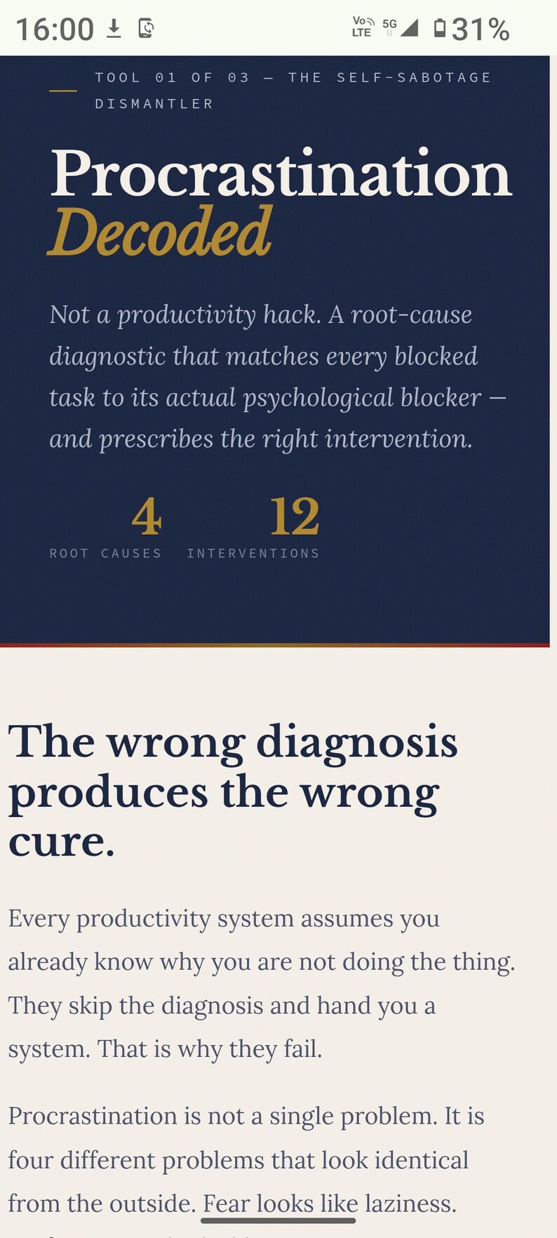 May include: A digital interface displaying the text Procrastination Decoded, Tool 01 of 03 - The Self-Sabotage Dismantler. It features 4 root causes and 12 interventions, followed by the text The wrong diagnosis produces the wrong cure.