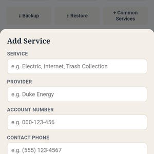 May include: A digital Utility & Service Setup Tracker interface for homeowners. The screen displays fields to add a service, provider, account number, contact phone, status, and notes, with buttons to cancel or save the entered information.