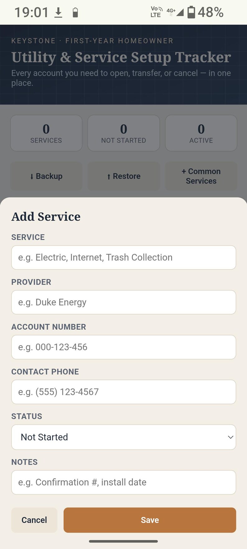 May include: A digital Utility & Service Setup Tracker interface for homeowners. The screen displays fields to add a service, provider, account number, contact phone, status, and notes, with buttons to cancel or save the entered information.