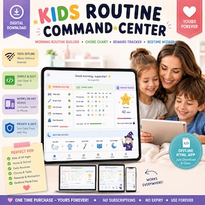May include: A digital Kids Routine Command Center app displayed on a tablet, laptop, and smartphone. The interface features a morning routine builder, chore chart, reward tracker, and bedtime wizard with icons and text for daily tasks.