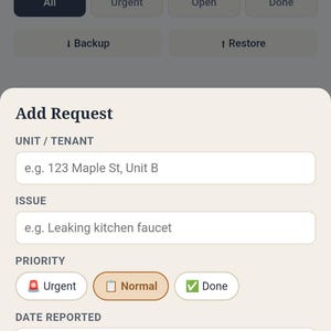 May include: A digital maintenance request tracker interface titled Keystone Landlord & Rental. The screen displays fields for unit or tenant, issue, priority levels including urgent, normal, and done, date reported, and notes, with cancel and save buttons.