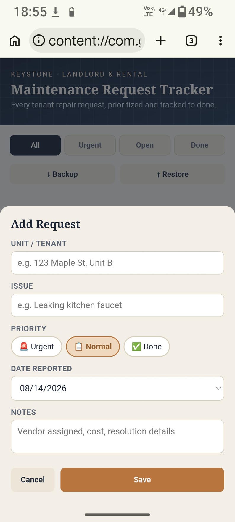 May include: A digital maintenance request tracker interface titled Keystone Landlord & Rental. The screen displays fields for unit or tenant, issue, priority levels including urgent, normal, and done, date reported, and notes, with cancel and save buttons.