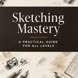Könnte beinhalten: Illustration von Skizzenwerkzeugen und einem Buchcover. Das Buchcover trägt die Aufschrift "Sketching Mastery" mit dem Untertitel "A Practical Guide for All Levels". Bleistifte, ein Druckbleistift, ein Radiergummi und ein Anspitzer sind ebenfalls zu sehen.