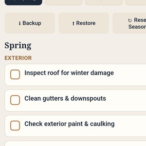 May include: A digital seasonal maintenance checklist app interface titled Keystone Maintenance & Renovation. It features tabs for Spring, Summer, Fall, and Winter, with a specific Spring section listing exterior and system tasks like roof inspection.