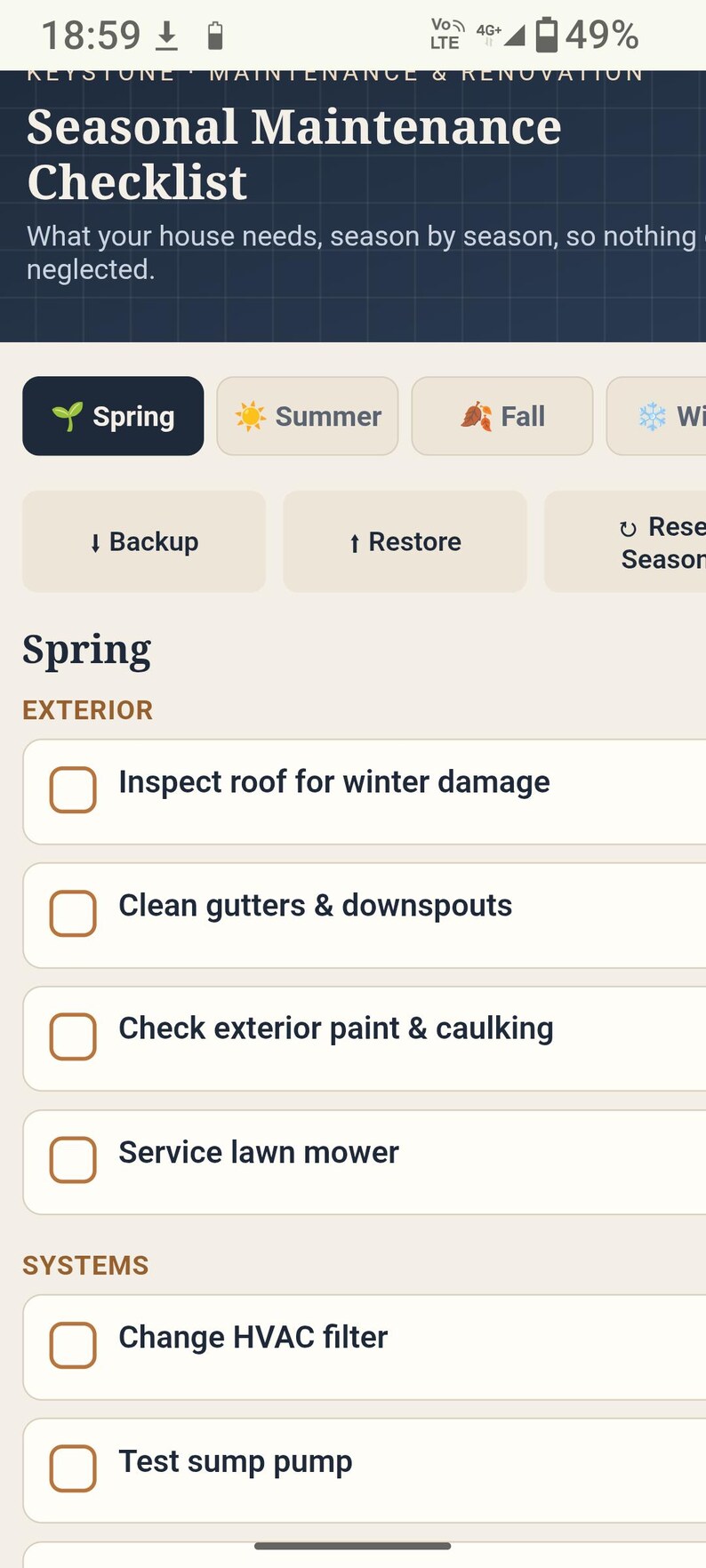 May include: A digital seasonal maintenance checklist app interface titled Keystone Maintenance & Renovation. It features tabs for Spring, Summer, Fall, and Winter, with a specific Spring section listing exterior and system tasks like roof inspection.