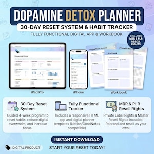 MRR PLR Diritti di Rivendita Dopamine Detox Planner, Sistema di Reset di 30 giorni, Tracker delle Abitudini App/Tracker/Planner/Quaderno di Lavoro HTML Completamente Funzionale