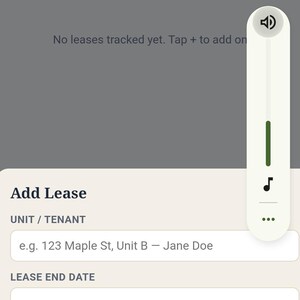 May include: A mobile application interface titled Keystone Landlord & Rental Lease Renewal Timer. The screen displays fields for Add Lease, including Unit/Tenant, Lease End Date, Renewal Notice Period set to 60 days, and a Notes section.