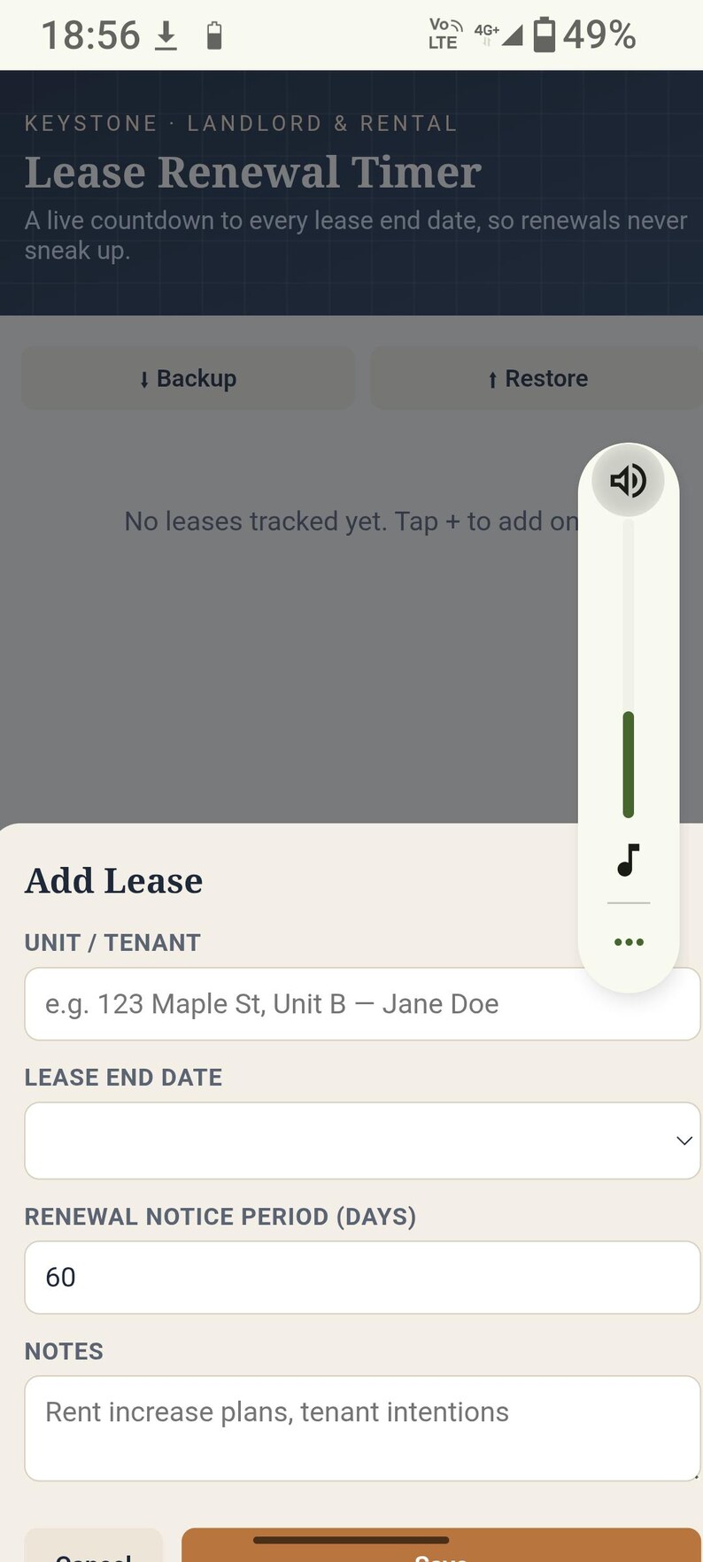 May include: A mobile application interface titled Keystone Landlord & Rental Lease Renewal Timer. The screen displays fields for Add Lease, including Unit/Tenant, Lease End Date, Renewal Notice Period set to 60 days, and a Notes section.