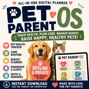 Pet Parent OS | Pet Health Tracker Care Routine & Budget Planner | Offline Digital Pet Planner Dog Cat Pet Care App MRR / PLR Resell Rights