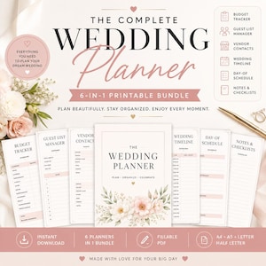 MRR / PLR Resell Rights: De complete trouwplanner | 6-in-1 printbare bundel | Budget gastenlijst | Leveranciers | Tijdschema | A4 | A5 | Letter | Half Letter