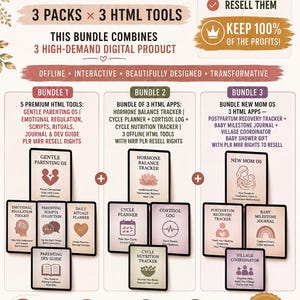 Könnte beinhalten: Eine digitale Produktwerbung mit dem Titel Problem Solving BUNDLE, die 3 Pakete mit HTML-Tools enthält. Sie listet Inhalte für Gentle Parenting OS, Hormone Balance Tracker und New Mom OS auf, einschließlich PLR- und MRR-Wiederverkaufsrechten und lebenslanger Vorteile.