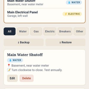 May include: A mobile application interface titled Keystone First-Year Homeowner Shutoff & Breaker Finder. The screen displays categories for water and electric shutoffs, including specific locations like basement and garage, with edit and delete buttons.