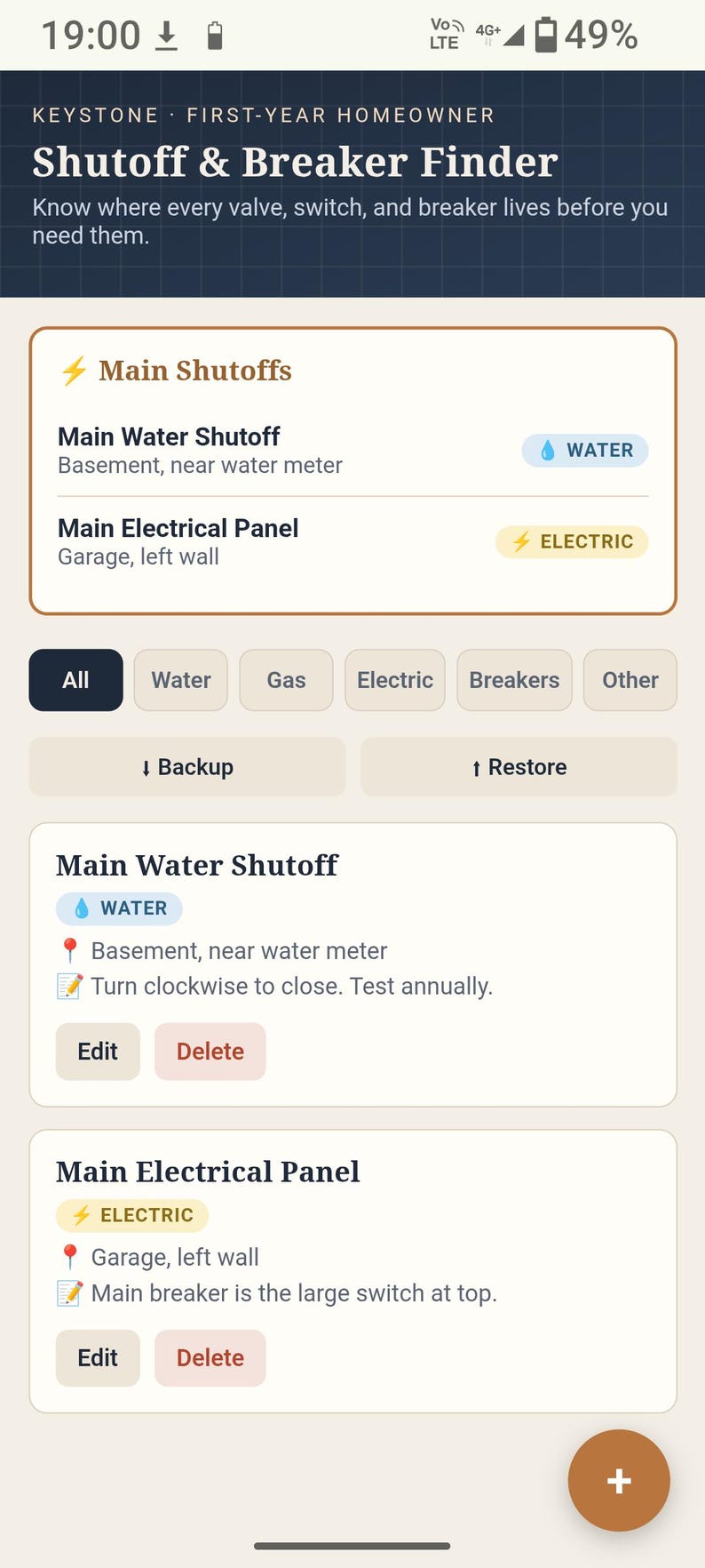 May include: A mobile application interface titled Keystone First-Year Homeowner Shutoff & Breaker Finder. The screen displays categories for water and electric shutoffs, including specific locations like basement and garage, with edit and delete buttons.
