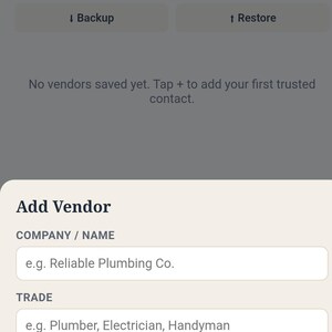 May include: A mobile application interface titled Keystone Landlord & Rental Vendor Directory & Job Log. The screen displays input fields for Add Vendor including Company Name, Trade, Phone, and Notes, with Cancel and Save buttons at the bottom.
