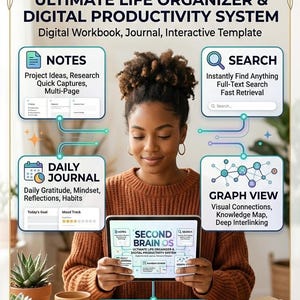May include: A digital productivity system titled Second Brain OS, featuring an interactive workbook and journal template. The interface includes modules for notes, daily journaling, search, graph views, and a kanban board for project management.