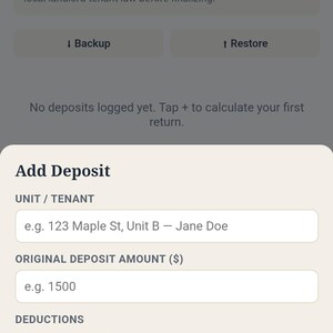 May include: A mobile application interface titled Keystone Landlord & Rental Security Deposit Calculator. The screen displays fields for unit or tenant information, original deposit amount, and a button to add deductions with a summary of totals.