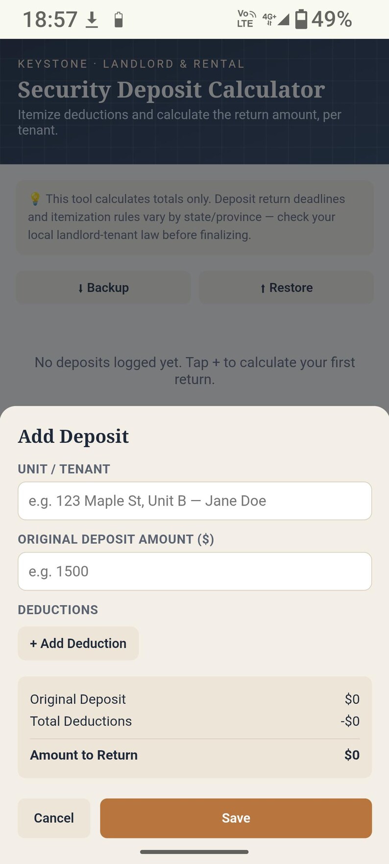 May include: A mobile application interface titled Keystone Landlord & Rental Security Deposit Calculator. The screen displays fields for unit or tenant information, original deposit amount, and a button to add deductions with a summary of totals.