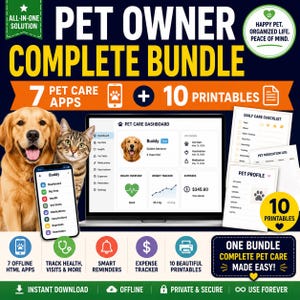 MRR / PLR Wiederverkaufsrechte: Haustierbesitzer Komplettes Bündel | 7 Tierpflege Apps + 10 Printables | Hund Katze Tracker Planer Vertikal Html