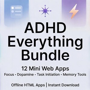 Paquete completo para el TDAH: 12 miniaplicaciones web / Herramientas de memoria para el inicio de tareas de dopamina y enfoque / Aplicaciones HTML sin conexión (descarga instantánea)