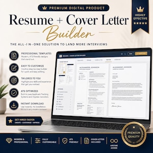 May include: A laptop displaying a resume and cover letter builder interface. The screen shows a resume template with the name "Alexander Johnson." Text includes "Professional Templates," "Easy to Customize," and "Get Hired Faster."