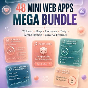 PLR MRR 48 Mini Web Apps Mega Bundle Wellness Entertainment Airbnb Career Nervous System Sleep Hormone Party Host Freelance Bestselling Apps