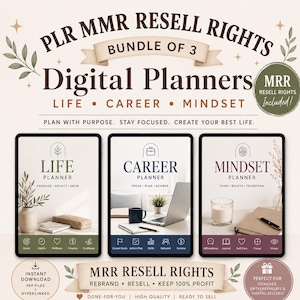 Könnte beinhalten: Ein Bundle aus drei digitalen Planern mit Wiederverkaufsrechten, darunter Life, Career und Mindset Planer. Jeder Planer hat ein klares Design mit Symbolen und Text. Das Bild enthält den Text "Sofort-Download PDF-Dateien Hyperlink."