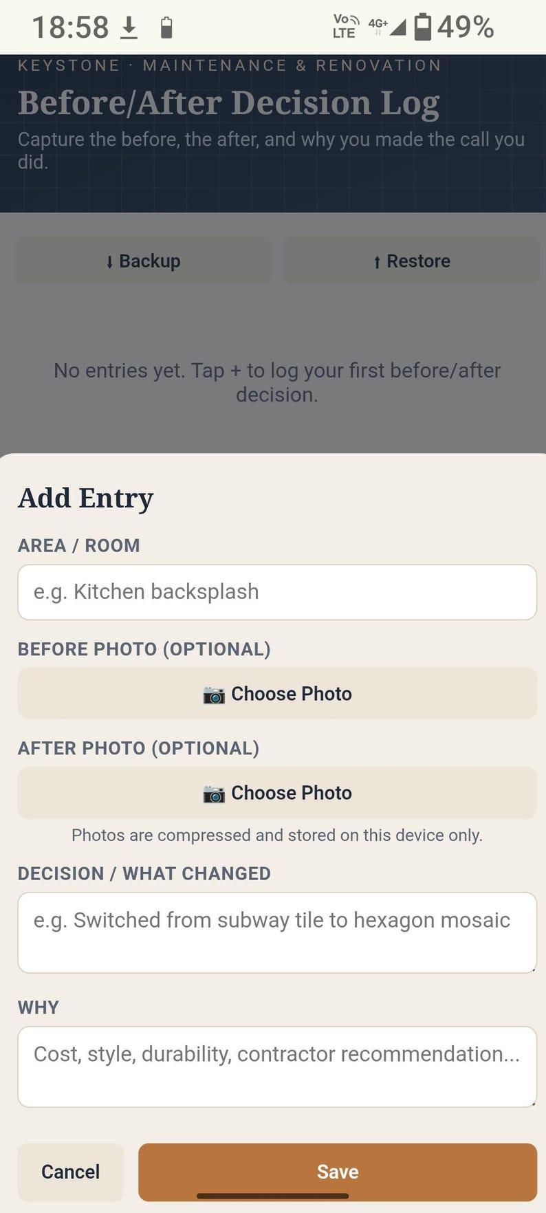 May include: A mobile application interface titled Keystone Maintenance & Renovation Before/After Decision Log. The screen features input fields for Area/Room, Before Photo, After Photo, Decision/What Changed, and Why, with a Save button at the bottom.