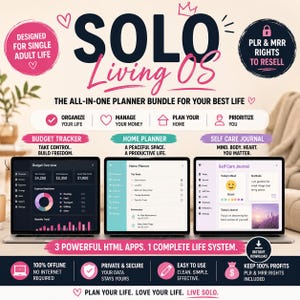 May include: A digital planner bundle titled Solo Living OS featuring three laptop screens displaying a budget tracker, home planner, and self-care journal. The graphic includes text about PLR and MRR resale rights, organizational features, and offline functionality.