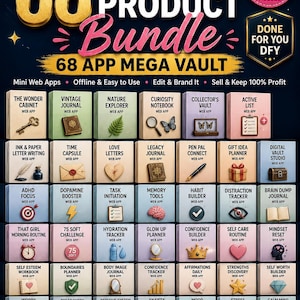 Puede incluir: Un paquete de productos digitales con 68 aplicaciones web en una cuadrícula. El texto incluye MRR PLR RESELL RIGHTS, 68 DIGITAL PRODUCT BUNDLE, 68 APP MEGA VAULT y títulos para varias aplicaciones como The Wonder Cabinet y Vintage Journal.