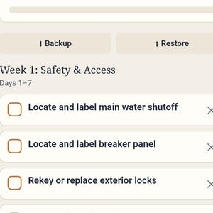May include: A digital 90-Day Move-In Tracker interface for homeowners. The screen displays a progress bar showing 0 of 23 tasks completed, with a list under Week 1: Safety & Access including tasks like locating water shutoff and breaker panel.