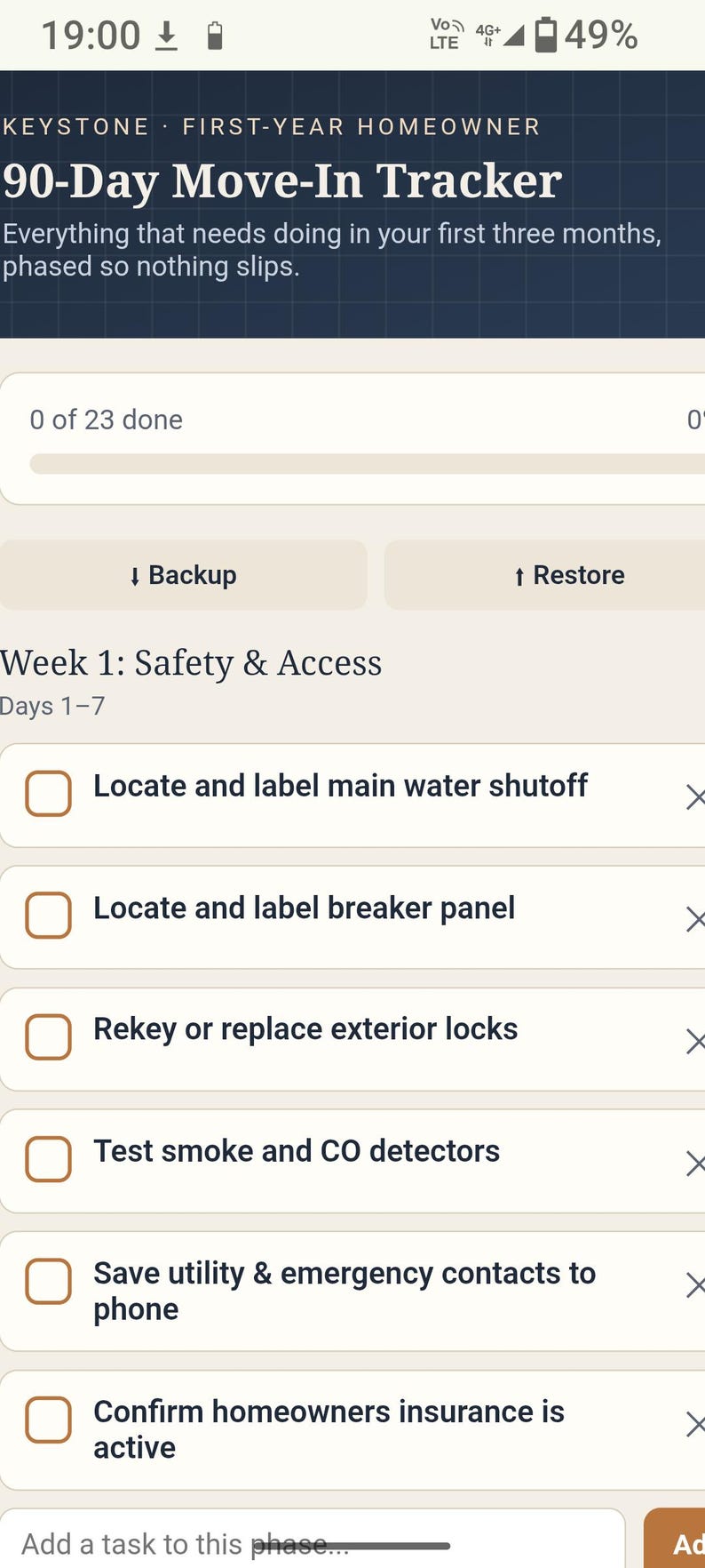 May include: A digital 90-Day Move-In Tracker interface for homeowners. The screen displays a progress bar showing 0 of 23 tasks completed, with a list under Week 1: Safety & Access including tasks like locating water shutoff and breaker panel.