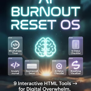 May include: A digital product titled AI BURNOUT RESET OS featuring a glowing brain icon and six app-style icons labelled Mindfulness Timer, AI Detox Checklist, Anxiety Journal, Doomscroll Detox, and Breathing Visualiser with text about HTML tools.