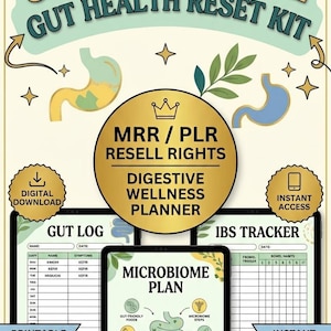 Könnte beinhalten: Ein digitales Set zur Darmgesundheit mit einem Planer für das Verdauungswohlbefinden, einem Darm-Logbuch, einem Reizdarm-Tracker und einem Mikrobiom-Plan. Die Grafik enthält Text wie The Ultimate Gut Health Reset Kit, MRR/PLR Resell Rights sowie Symbole von Mägen, Blättern und Kronen auf hellem Grund.