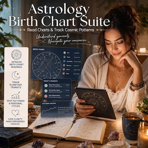 Könnte beinhalten: Eine Astrologie-Geburtshart-Suite wird auf einem Tablet angezeigt, mit detaillierten Geburtshart-Lesungen und der Verfolgung von Planetentransiten. Das Bild enthält den Text "Astrology Birth Chart Suite" und "Understand yourself. Navigate your universe."