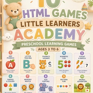以下が含まれることがあります： 未就学児向けの教育ポスター。10個のHTMLゲームが特徴です。文字、数字、形、動物を学ぶゲームが含まれています。「Little Learners Academy」と「3歳から6歳」と書かれています。
