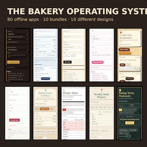 Może przedstawiać: Cyfrowy interfejs zatytułowany The Bakery Operating System zawierający 80 aplikacji offline, 10 pakietów i 10 projektów. Obraz przedstawia dziesięć pionowych paneli z różnymi narzędziami do zarządzania piekarnią, w tym inwentaryzacją i planerami.