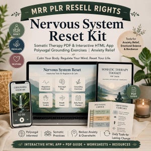 Puede incluir: Un kit de reinicio del sistema nervioso con derechos de reventa MRR PLR. Incluye un portátil con un panel interactivo, un smartphone con un ejercicio de conexión a tierra, una guía en PDF y tarjetas con la escalera polivagal y técnicas.
