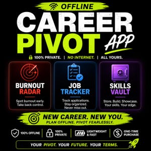 Aplicación offline para reorientar tu carrera profesional: detector de agotamiento, buscador de empleo, base de datos de habilidades (acceso de por vida).