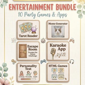 ENTERTAINMENT Bundle PLR MRR Resell Rights, 10 Party Games Apps, Tarot Reader Meme Generator Escape Room Karaoke Personality Test, Html