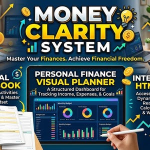 May include: The Money Clarity System includes a digital workbook with step-by-step activities, a personal finance visual planner dashboard for tracking income, expenses, and goals, and an interactive HTML app with dynamic tools and real-time widgets.